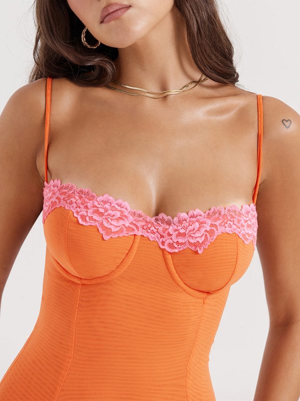 Flame Orange Lace Trim Slit Mesh Maxi Dress Flame Orange Lace Trim Slit Mesh Maxi Dress
