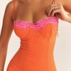 Flame Orange Lace Trim Slit Mesh Maxi Dress Flame Orange Lace Trim Slit Mesh Maxi Dress