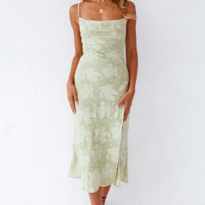Floral Cowl Neck High Slit Slip Midi Dress - Sage Green