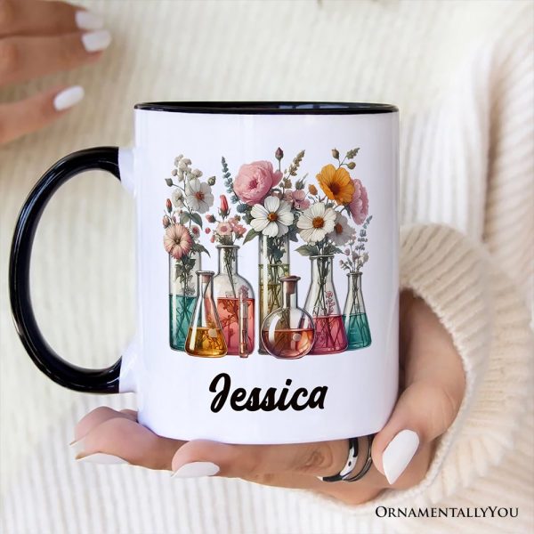 Floral Science Lab Beakers Personalized Mug, Flowers Chemistry Scientist Gift with Custom Name Floral Science Lab Beakers Personalized Mug, Flowers Chemistry Scientist Gift with Custom Name