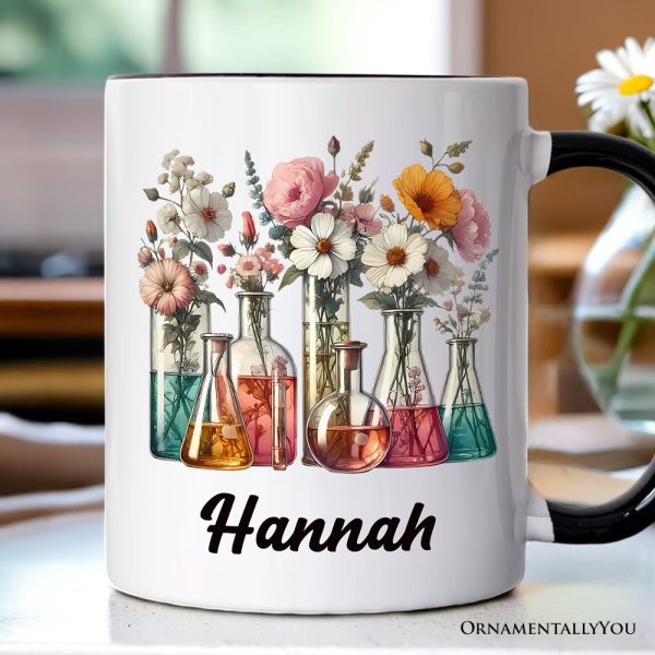 Floral Science Lab Beakers Personalized Mug, Flowers Chemistry Scientist Gift with Custom Name Floral Science Lab Beakers Personalized Mug, Flowers Chemistry Scientist Gift with Custom Name