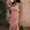Fluttering Frill Trim Strapless High Split Draped Ruffle Maxi Dress - Pink Fluttering Frill Trim Strapless High Split Draped Ruffle Maxi Dress - Pink