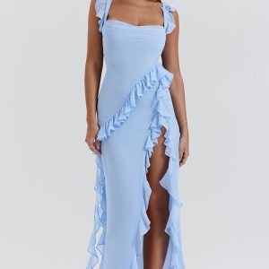 Fluttering Sweetheart Sleeveless High Split Draped Ruffle Maxi Dress - Blue