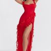 Fluttering Sweetheart Sleeveless High Split Draped Ruffle Maxi Dress - Red Fluttering Sweetheart Sleeveless High Split Draped Ruffle Maxi Dress - Red