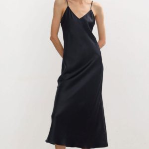 French Chic V Neck Spaghetti Strap Satin Slip Midi Dress - Black