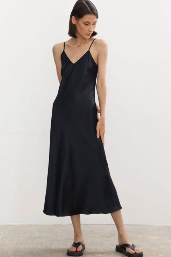 French Chic V Neck Spaghetti Strap Satin Slip Midi Dress - Black