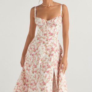 Fresh Bustier Tie Front Slit Floral Printed Midi Sundress - Pink