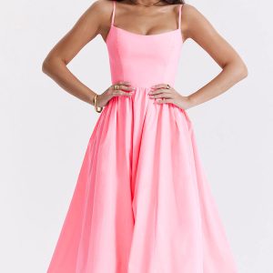Fresh Scoop Neck Spaghetti Strap Pocket Trim Fit & Flare Midi Sundress - Pink
