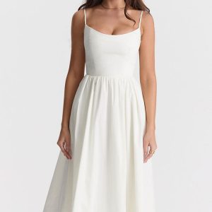 Fresh Scoop Neck Spaghetti Strap Pocket Trim Fit & Flare Midi Sundress - White