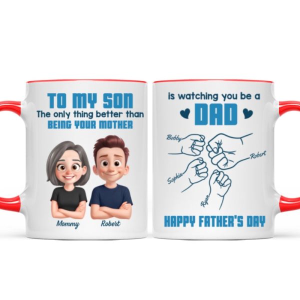 From Mom To Son Watching You Be A Dad Cartoon Style Fist Bump Personalized Mug, Father's Day Gift For Son