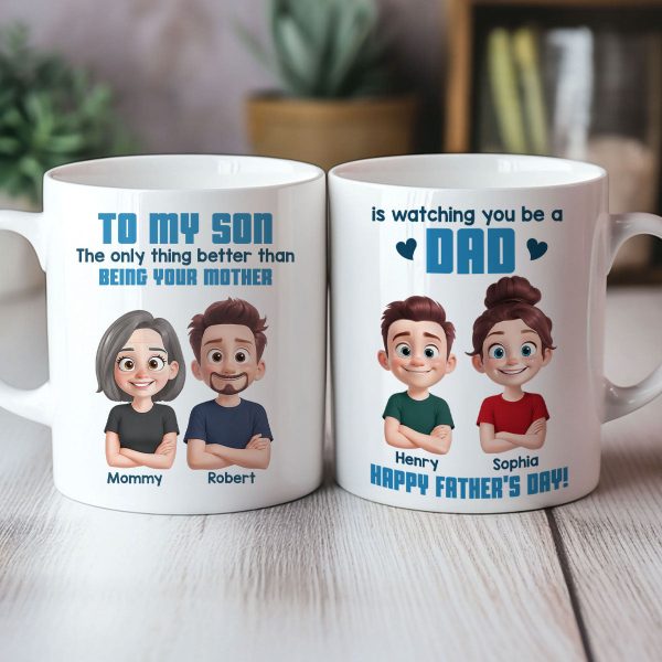 From Mom To Son Watching You Be A Dad Cartoon Style Personalized Mug, Father's Day Gift For Son