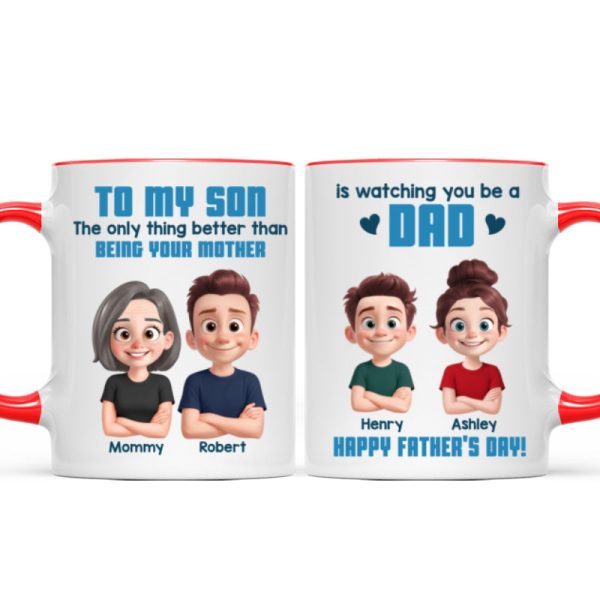 From Mom To Son Watching You Be A Dad Cartoon Style Personalized Mug, Father's Day Gift For Son