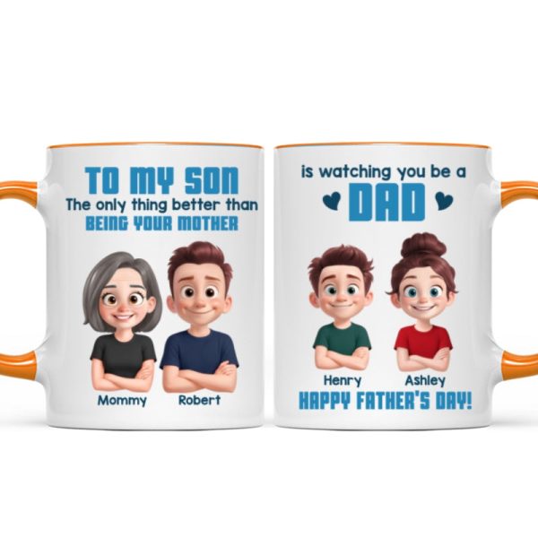 From Mom To Son Watching You Be A Dad Cartoon Style Personalized Mug, Father's Day Gift For Son