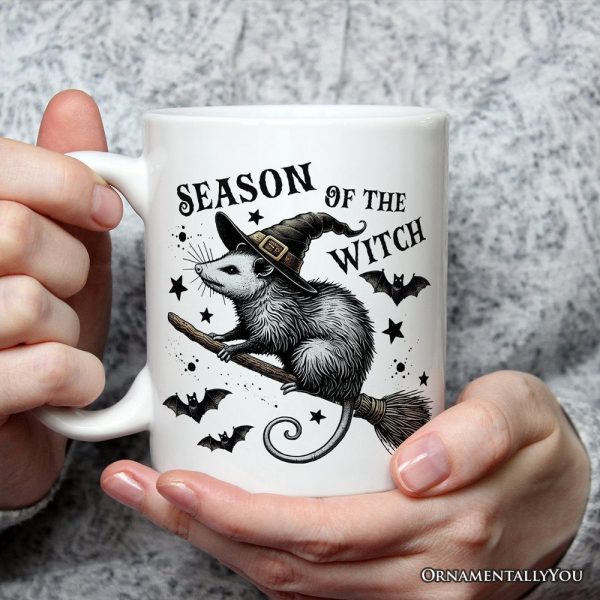 Funny Opossum Witch with Broom Personalized Mug, Vintage Halloween Gift with Custom Name Funny Opossum Witch with Broom Personalized Mug, Vintage Halloween Gift with Custom Name