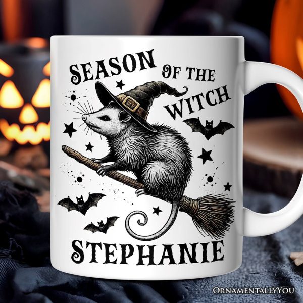 Funny Opossum Witch with Broom Personalized Mug, Vintage Halloween Gift with Custom Name Funny Opossum Witch with Broom Personalized Mug, Vintage Halloween Gift with Custom Name
