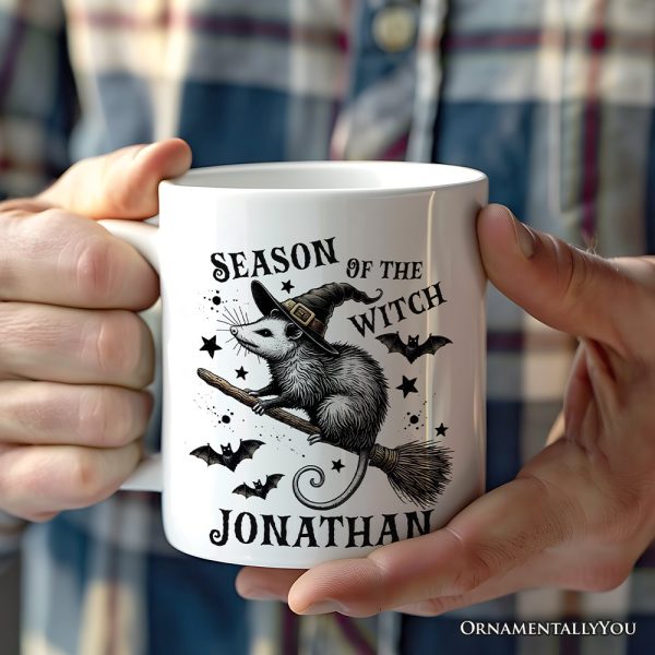 Funny Opossum Witch with Broom Personalized Mug, Vintage Halloween Gift with Custom Name Funny Opossum Witch with Broom Personalized Mug, Vintage Halloween Gift with Custom Name