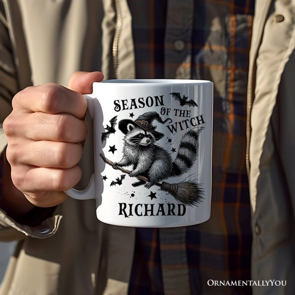 Funny Racoon Witch with Broom Personalized Mug, Vintage Halloween Gift with Custom Name Funny Racoon Witch with Broom Personalized Mug, Vintage Halloween Gift with Custom Name