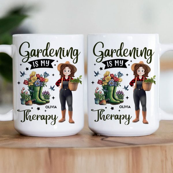 Gardening Is My Therapy Cartoon Version - Personalized Mug Gardening Is My Therapy Cartoon Version - Personalized Mug