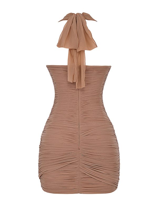 Gathered Plunge Neck Halter Backless Mini Dress Gathered Plunge Neck Halter Backless Mini Dress