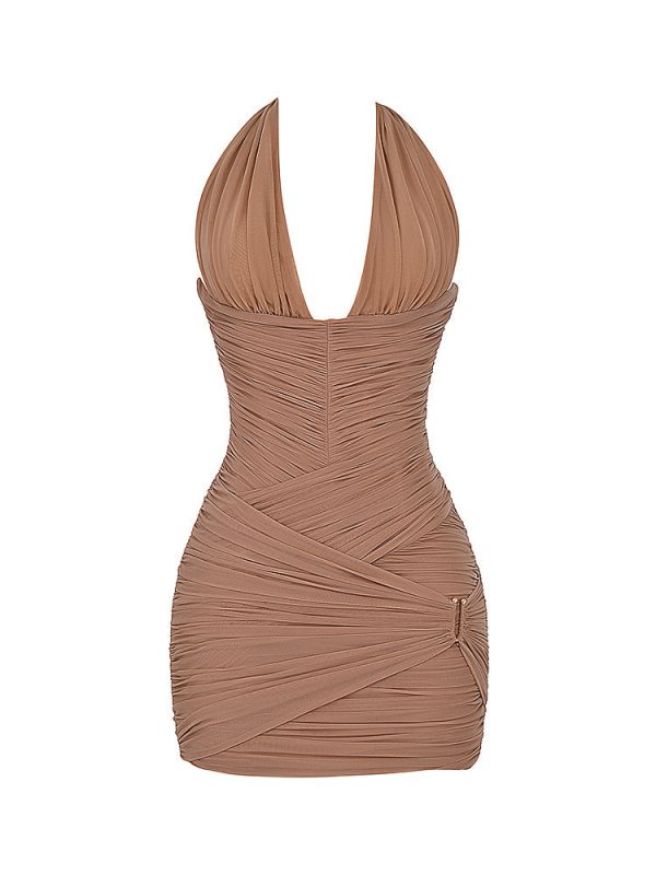 Gathered Plunge Neck Halter Backless Mini Dress Gathered Plunge Neck Halter Backless Mini Dress