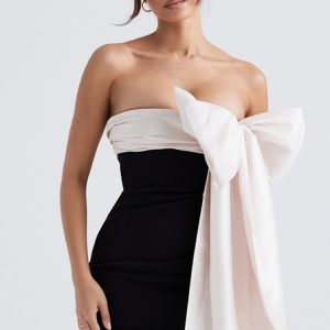 Glamorous Oversized Bow Trim Two Tone Satin Pleated Strapless Mini Dress - Black