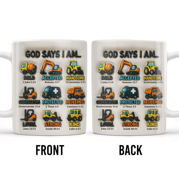 God Says I Am Bold, Accepted, Handsome, Strong, Kind, Construction Vehicles - Personalized Custom Coffee Mug - KID074_MG God Says I Am Bold, Accepted, Handsome, Strong, Kind, Construction Vehicles - Personalized Custom Coffee Mug - KID074_MG