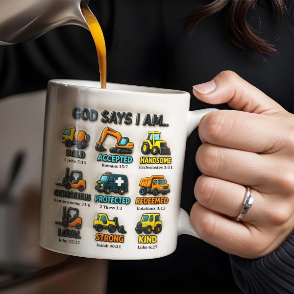 God Says I Am Bold, Accepted, Handsome, Strong, Kind, Construction Vehicles - Personalized Custom Coffee Mug - KID074_MG God Says I Am Bold, Accepted, Handsome, Strong, Kind, Construction Vehicles - Personalized Custom Coffee Mug - KID074_MG