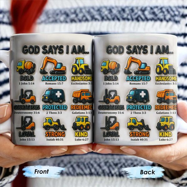 God Says I Am Bold, Accepted, Handsome, Strong, Kind, Construction Vehicles - Personalized Custom Coffee Mug - KID074_MG God Says I Am Bold, Accepted, Handsome, Strong, Kind, Construction Vehicles - Personalized Custom Coffee Mug - KID074_MG