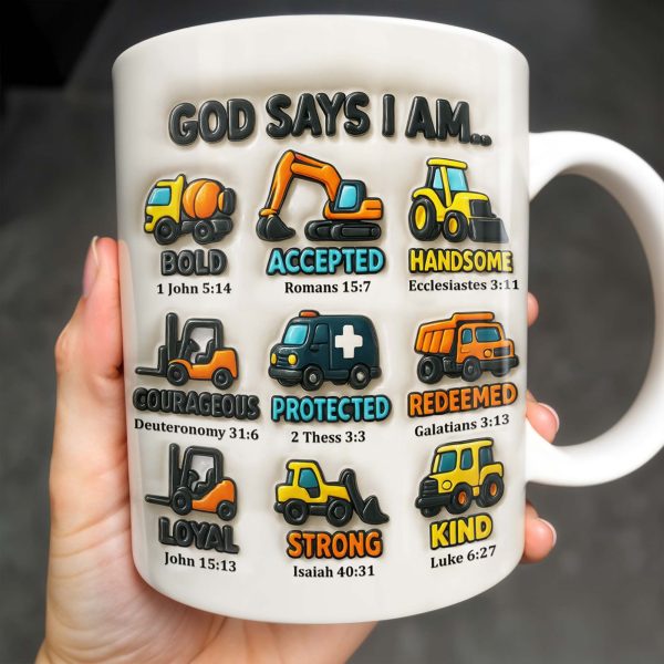 God Says I Am Bold, Accepted, Handsome, Strong, Kind, Construction Vehicles - Personalized Custom Coffee Mug - KID074_MG God Says I Am Bold, Accepted, Handsome, Strong, Kind, Construction Vehicles - Personalized Custom Coffee Mug - KID074_MG