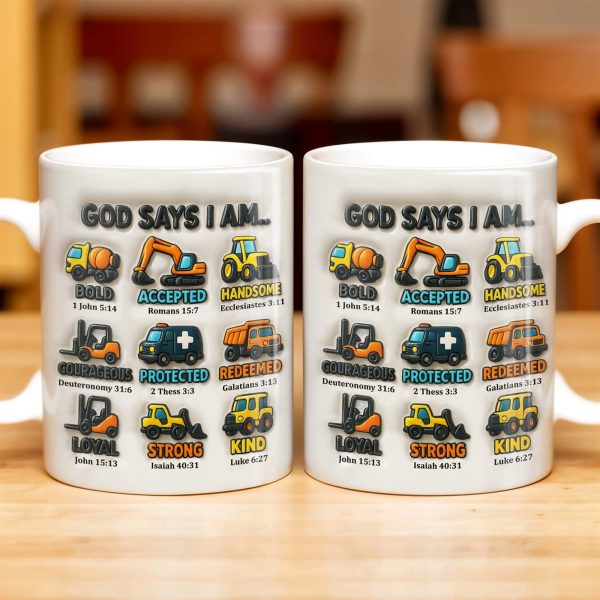 God Says I Am Bold, Accepted, Handsome, Strong, Kind, Construction Vehicles - Personalized Custom Coffee Mug - KID074_MG God Says I Am Bold, Accepted, Handsome, Strong, Kind, Construction Vehicles - Personalized Custom Coffee Mug - KID074_MG
