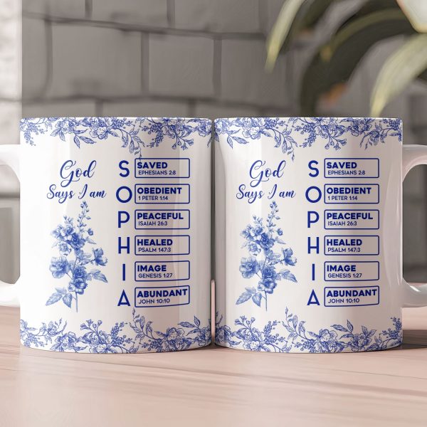 God Says I Am Name Letter In Bible Birth Flower Toile De Jouy Style - Personalized Mug God Says I Am Name Letter In Bible Birth Flower Toile De Jouy Style - Personalized Mug