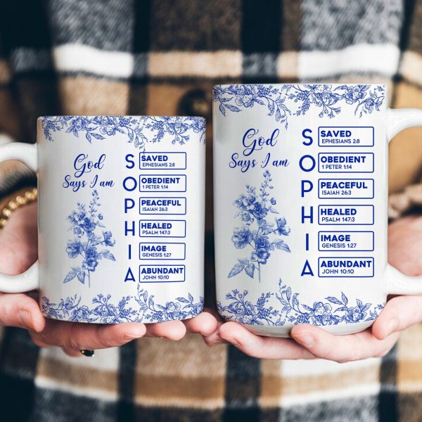 God Says I Am Name Letter In Bible Birth Flower Toile De Jouy Style - Personalized Mug God Says I Am Name Letter In Bible Birth Flower Toile De Jouy Style - Personalized Mug