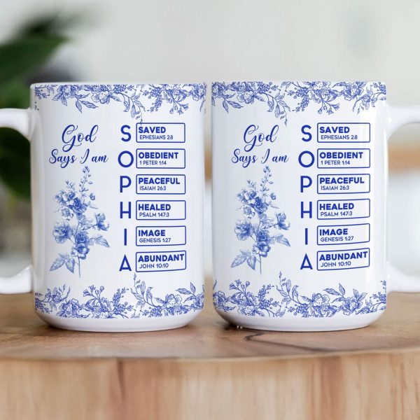 God Says I Am Name Letter In Bible Birth Flower Toile De Jouy Style - Personalized Mug God Says I Am Name Letter In Bible Birth Flower Toile De Jouy Style - Personalized Mug