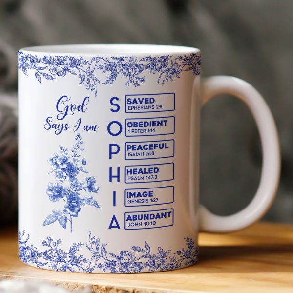 God Says I Am Name Letter In Bible Birth Flower Toile De Jouy Style - Personalized Mug God Says I Am Name Letter In Bible Birth Flower Toile De Jouy Style - Personalized Mug