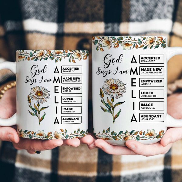 God Says I Am Name Letter In Bible With Stained Glass Birth Flower - Personalized Mug God Says I Am Name Letter In Bible With Stained Glass Birth Flower - Personalized Mug
