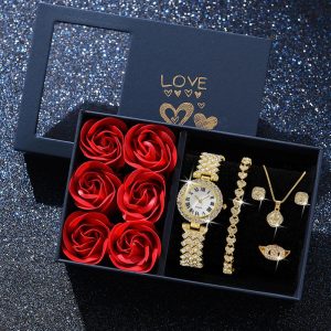 Gold Quartz Watch Jewelry Set for Women