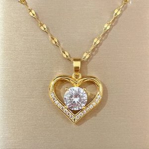 Golden Heart Pendant Necklace with Zircon Accent