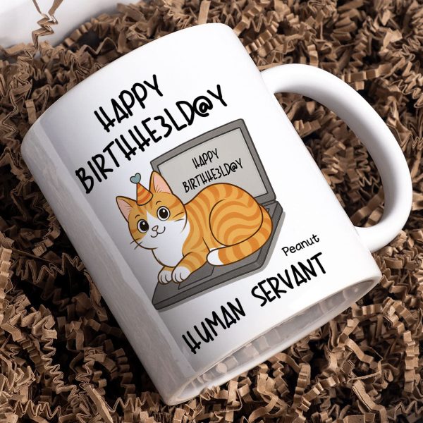 Good Morning Happy Father's Day Human Servant Funny Cats Sitting On Laptop Personalized Mug