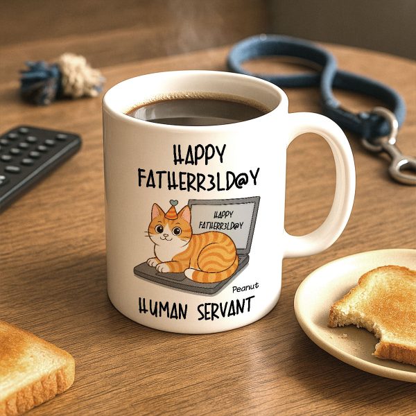 Good Morning Happy Father's Day Human Servant Funny Cats Sitting On Laptop Personalized Mug