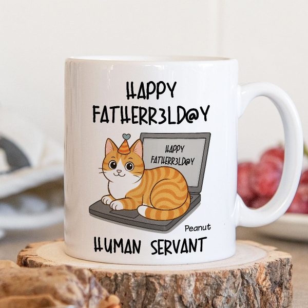 Good Morning Happy Father's Day Human Servant Funny Cats Sitting On Laptop Personalized Mug