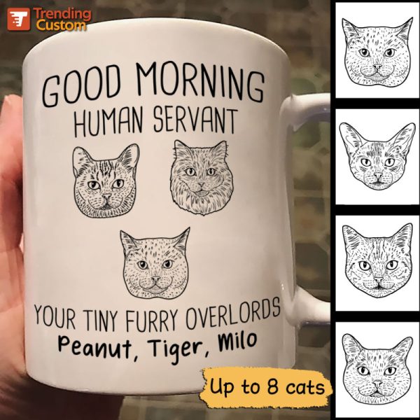 Good Morning Human Servant Cat Head Outline Personalized Mug Good Morning Human Servant Cat Head Outline Personalized Mug