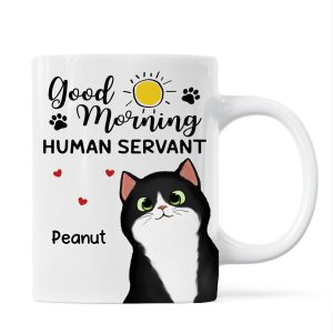 Good Morning Human Servant Cute Peeking Fluffy Cat Personalized Mug