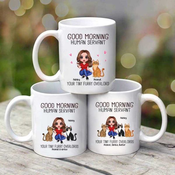 Good Morning Human Servant Doll Girl & Cat Personalized Mug Good Morning Human Servant Doll Girl & Cat Personalized Mug