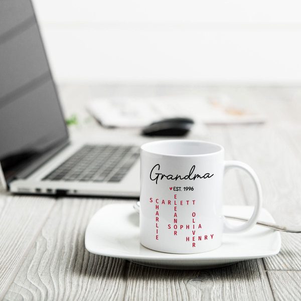 Grandma Est. Grandkids Names Crossword Puzzle Art Personalized Mug