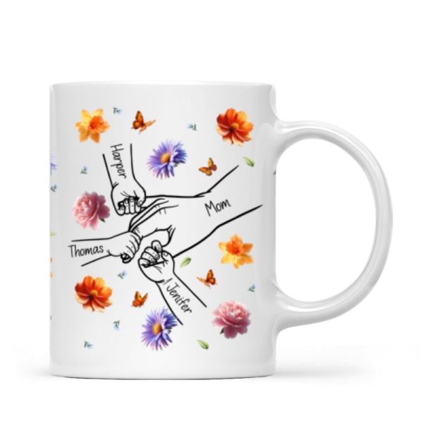Grandma Mom 3D Effect Birth Flower Kids Holding Hand Outline Personalized Mug