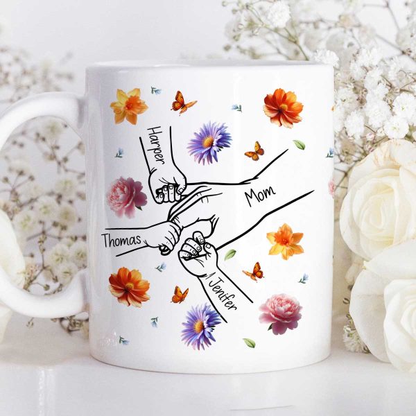 Grandma Mom 3D Effect Birth Flower Kids Holding Hand Outline Personalized Mug