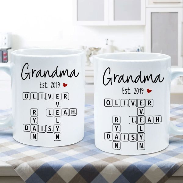 Grandma Mom Est. Crossword Puzzle Art Personalized Mug Grandma Mom Est. Crossword Puzzle Art Personalized Mug