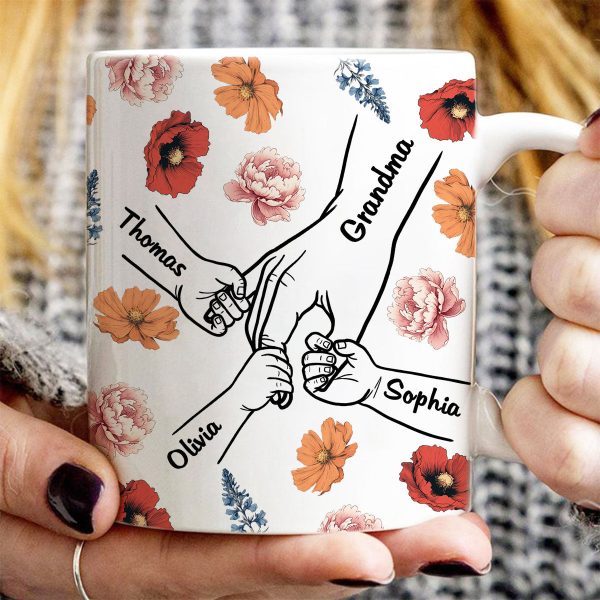 Grandma Mom & Kids Holding Hands Birth Month Flowers Personalized Mug