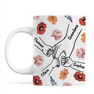 Grandma Mom & Kids Holding Hands Birth Month Flowers Personalized Mug