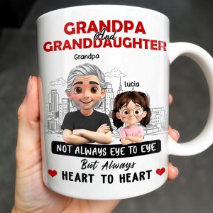 Grandpa And Granddaughter, Not Always Eye To Eye But Always Heart To Heart, Cartoon Characters and City Skyline - Personalized Custom Coffee Mug - GRP023_MG